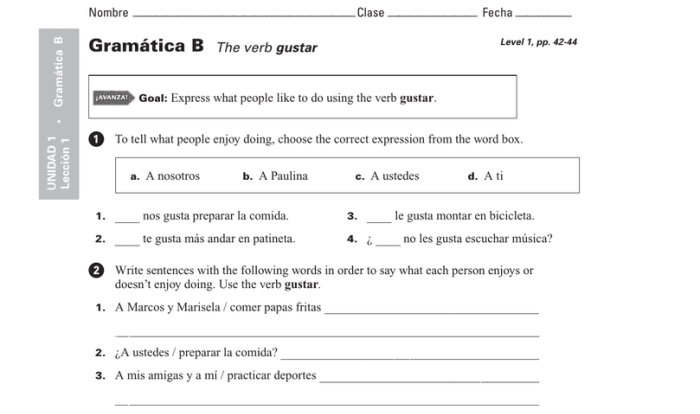 Unidad 2 lección 1 answer key